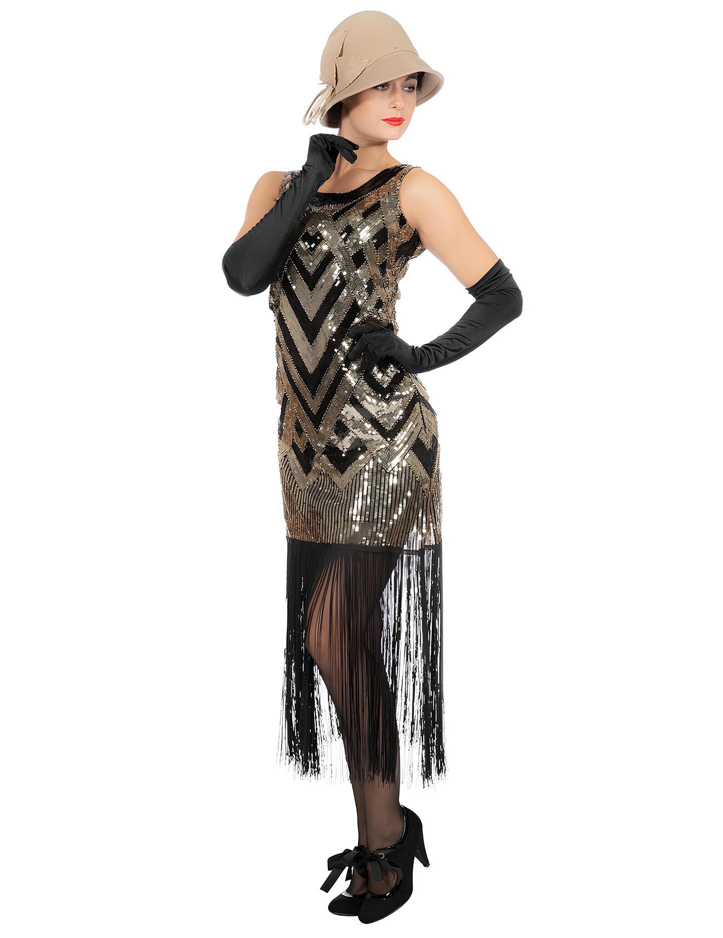 Luksuzni ženski charleston kostum v črni in zlati barvi s bleščicami 