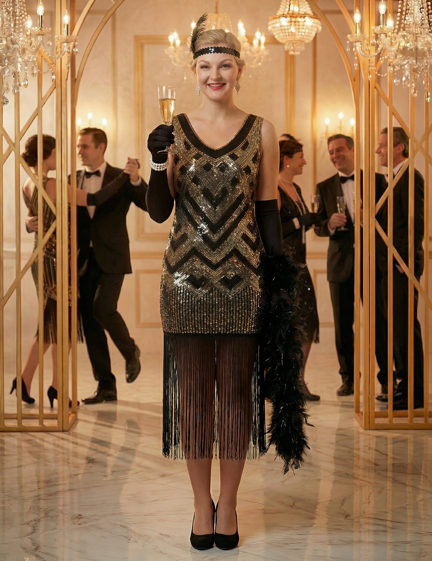 Luksuzni ženski charleston kostum v črni in zlati barvi s bleščicami 