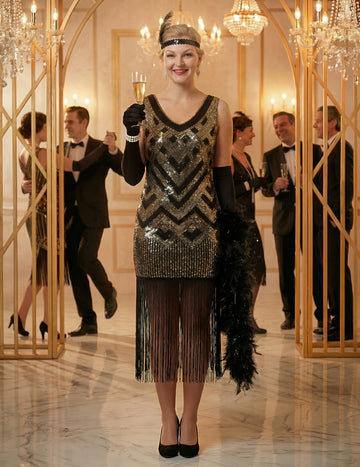 Luksuzni ženski charleston kostum v črni in zlati barvi s bleščicami 