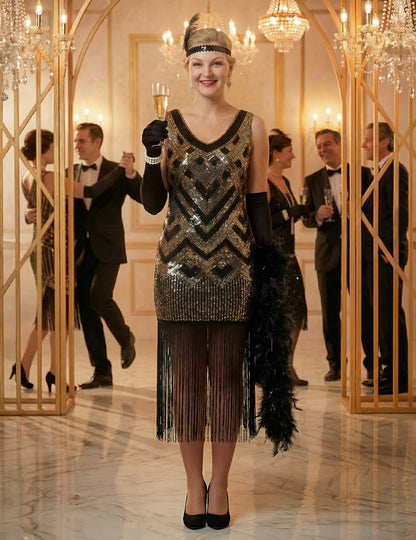 Luksuzni ženski charleston kostum v črni in zlati barvi s bleščicami 