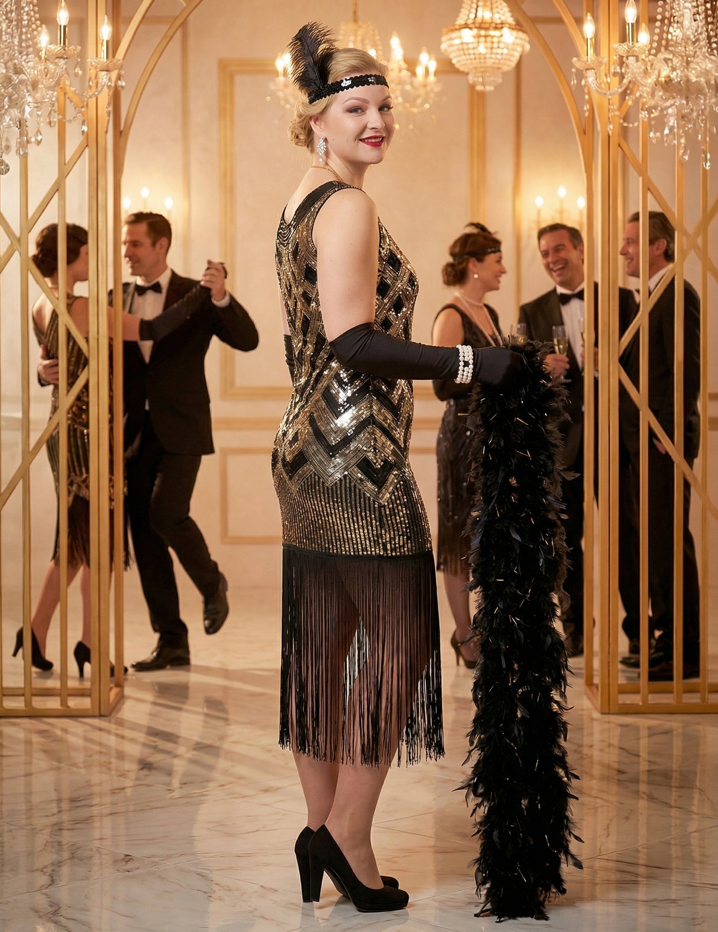 Luksuzni ženski charleston kostum v črni in zlati barvi s bleščicami 