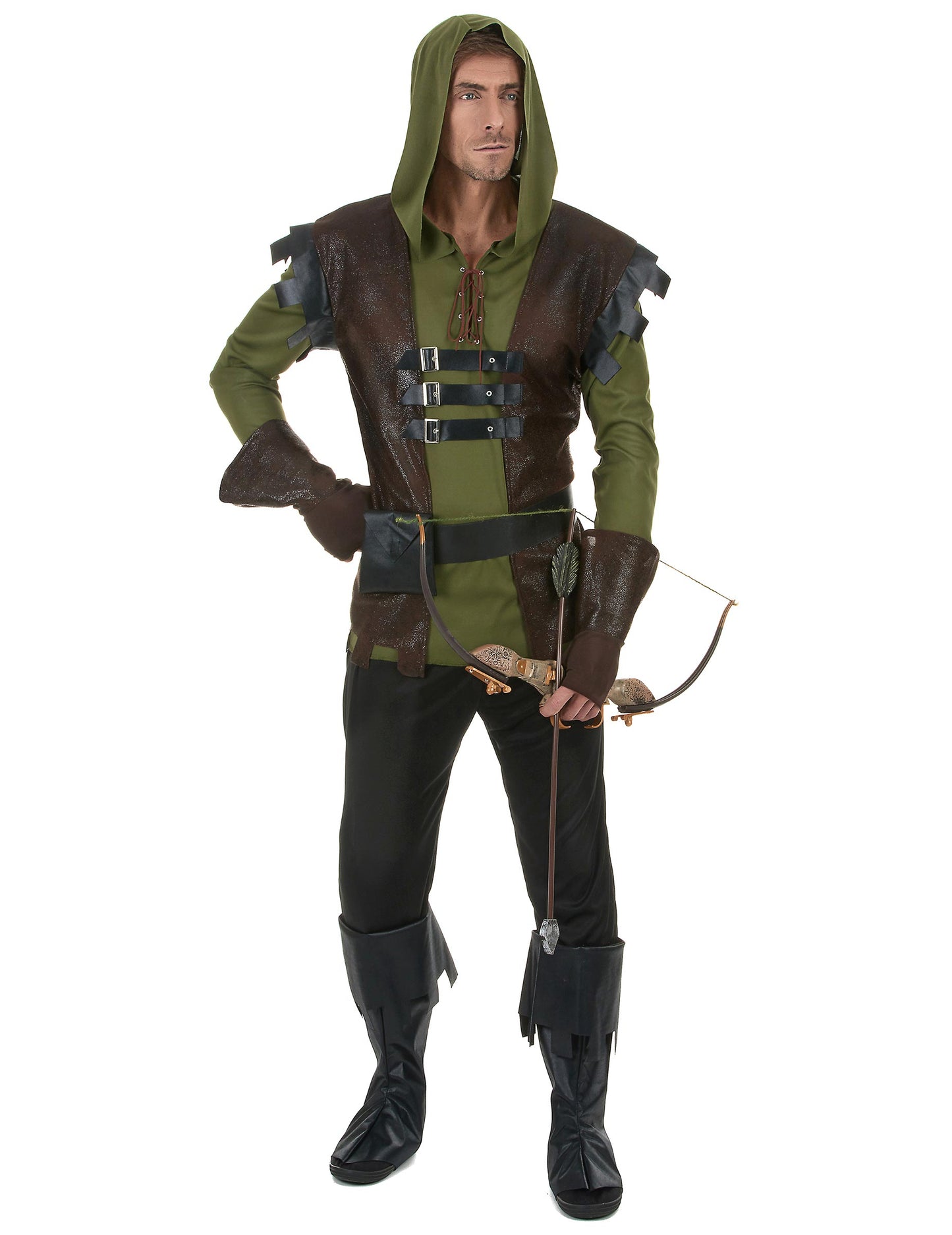 Déguisement de chasseur archer pour homme vert et marron avec capuche