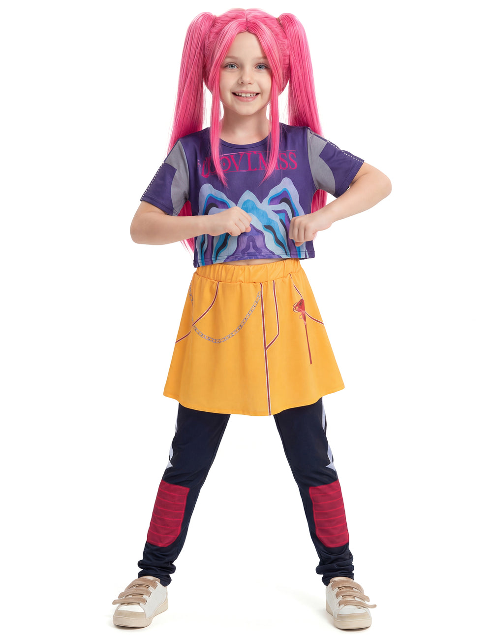 Déguisement Chasseuse de démon Kpop pour fille avec jupe jaune et perruque rose