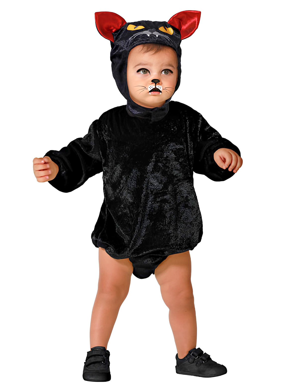 Déguisement chat noir pour bébé noir en velours avec capuche à oreilles rouges