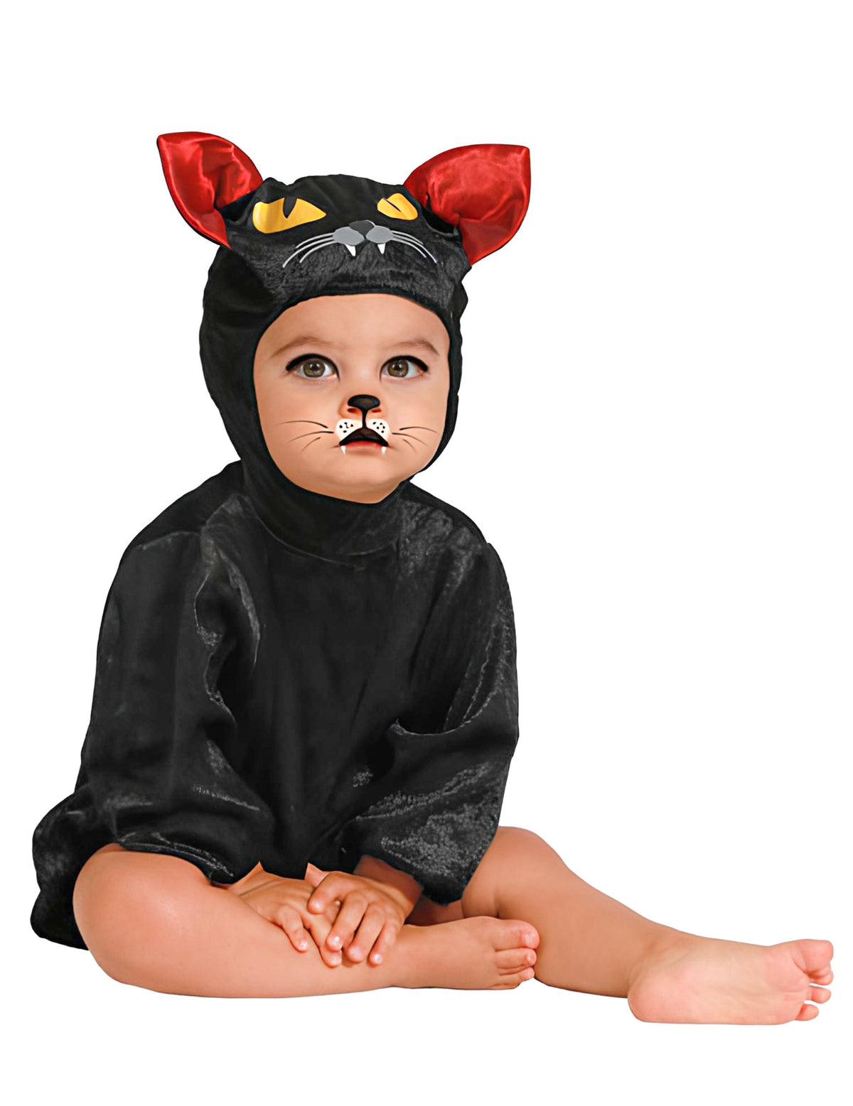 Vue de face du bébé assis du déguisement chat noir pour bébé