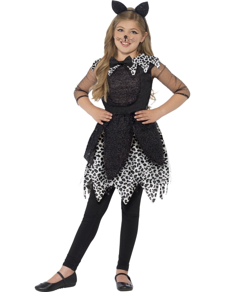 Déguisement de chat tacheté pour fille noir et blanc à paillettes avec serre-tête