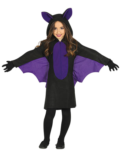 Déguisement de chauve-souris pour fille noir et violet avec ailes et capuche à oreilles