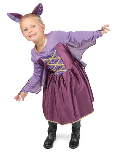 Déguisement de chauve-souris pour fille violet et or avec ailes et serre-tête