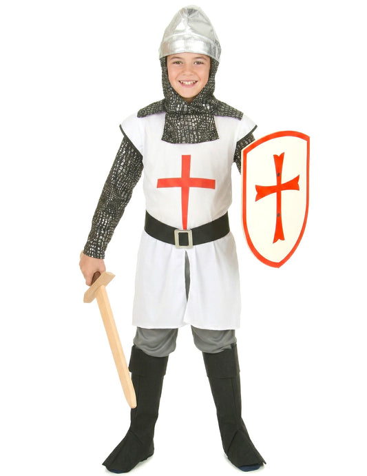 Déguisement de chevalier à la croix pour garçon blanc et rouge avec cagoule argentée