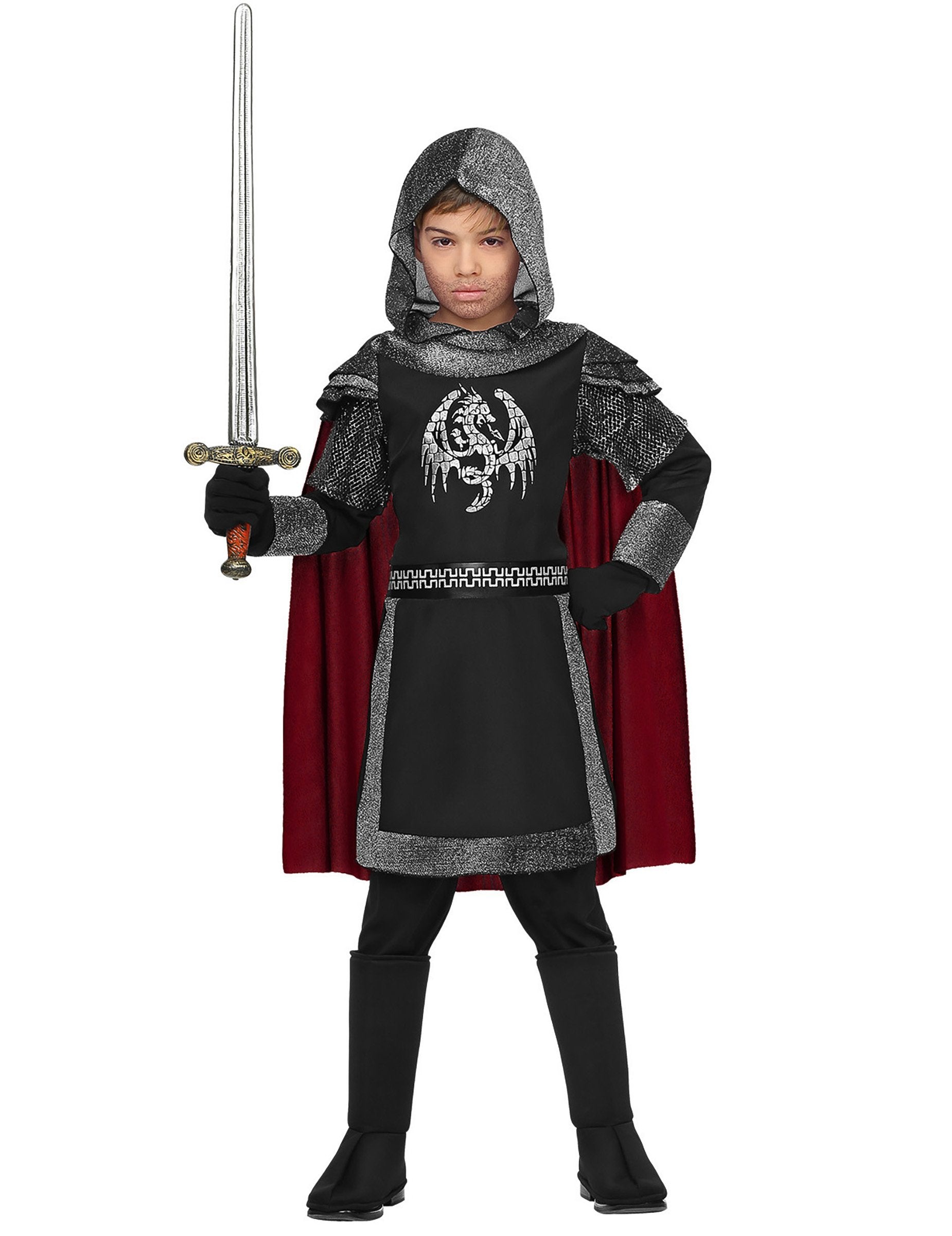 Vue de face avec épée du déguisement chevalier des dragons