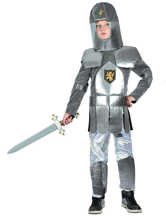 Déguisement chevalier médiéval en armure pour garçon argenté avec épée et heaume