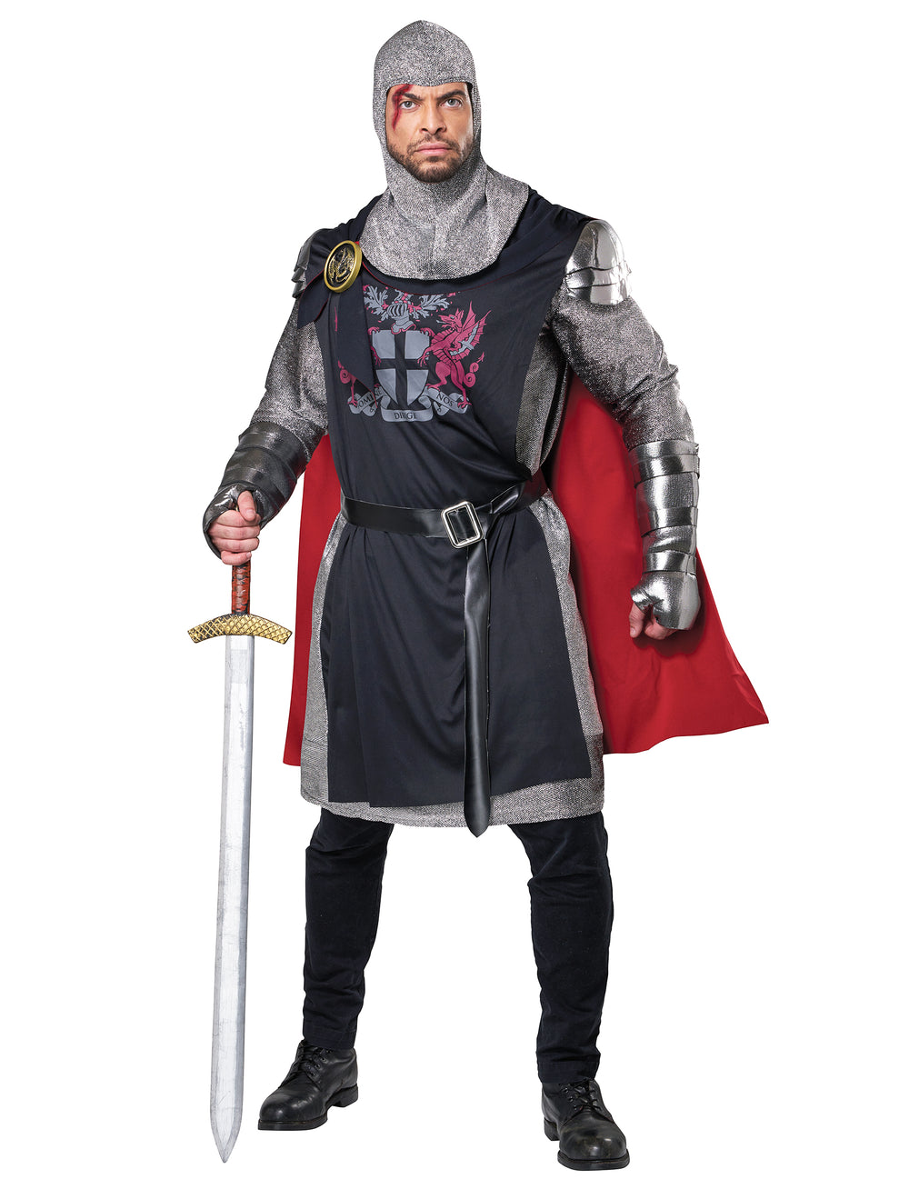 Déguisement Chevalier Médieval pour homme noir et argenté avec cape rouge