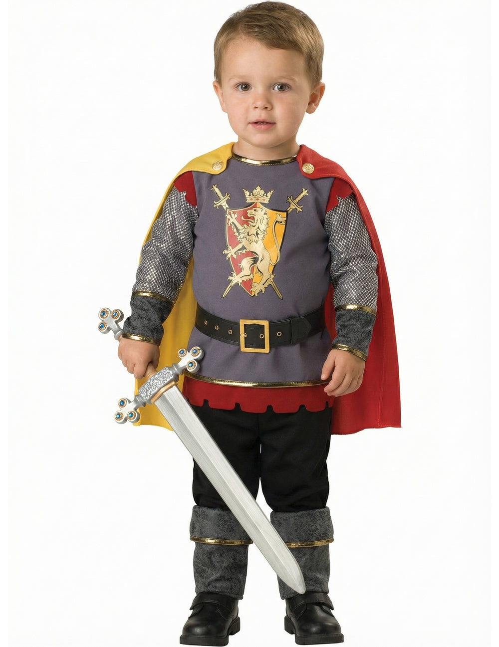 Vue de face avec épée du déguisement chevalier pour enfant