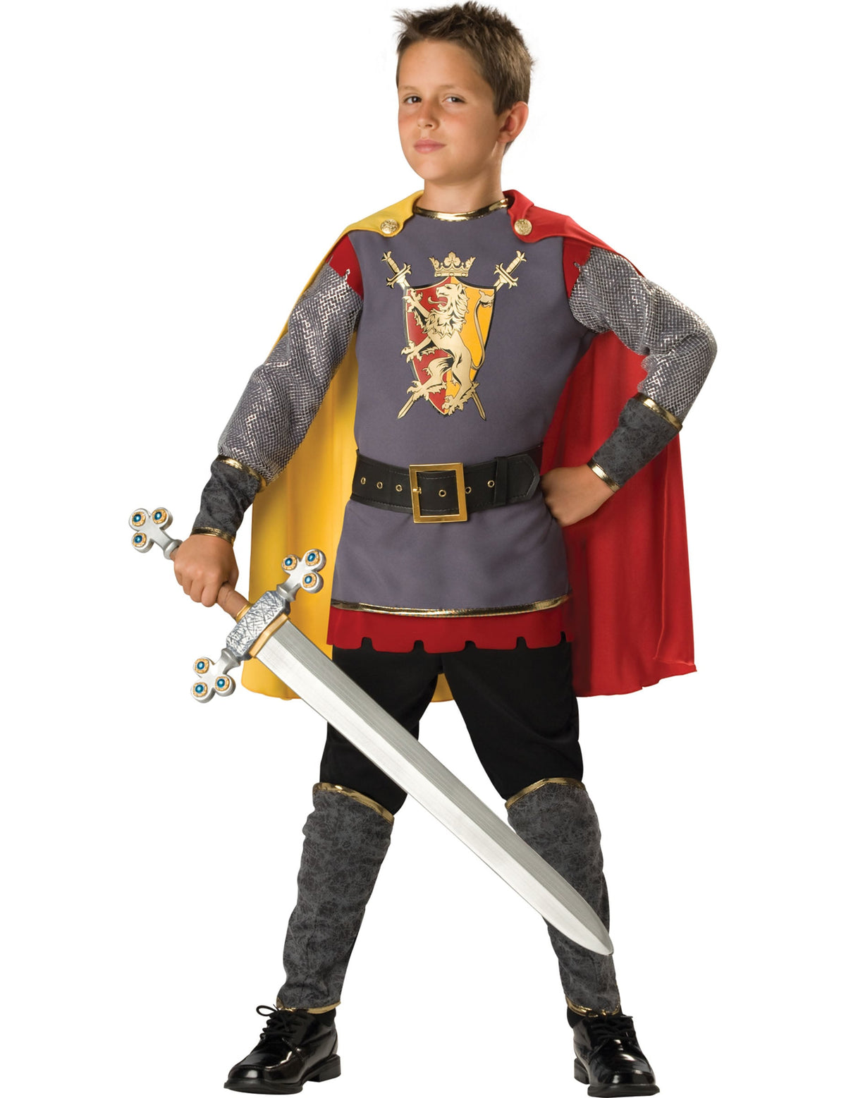 Déguisement Chevalier pour enfant gris rouge et jaune avec blason de lion et cape bicolore