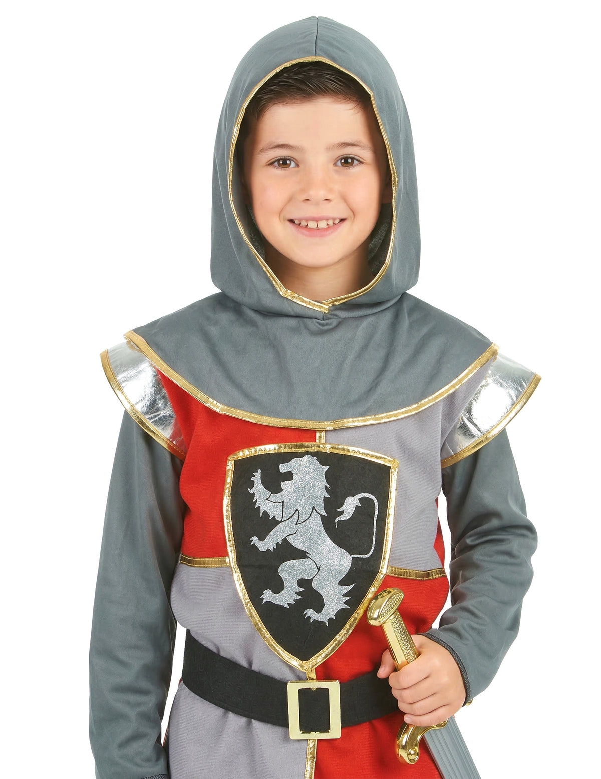 Gros plan sur le buste et la cagoule du déguisement de chevalier renaissance pour garçon