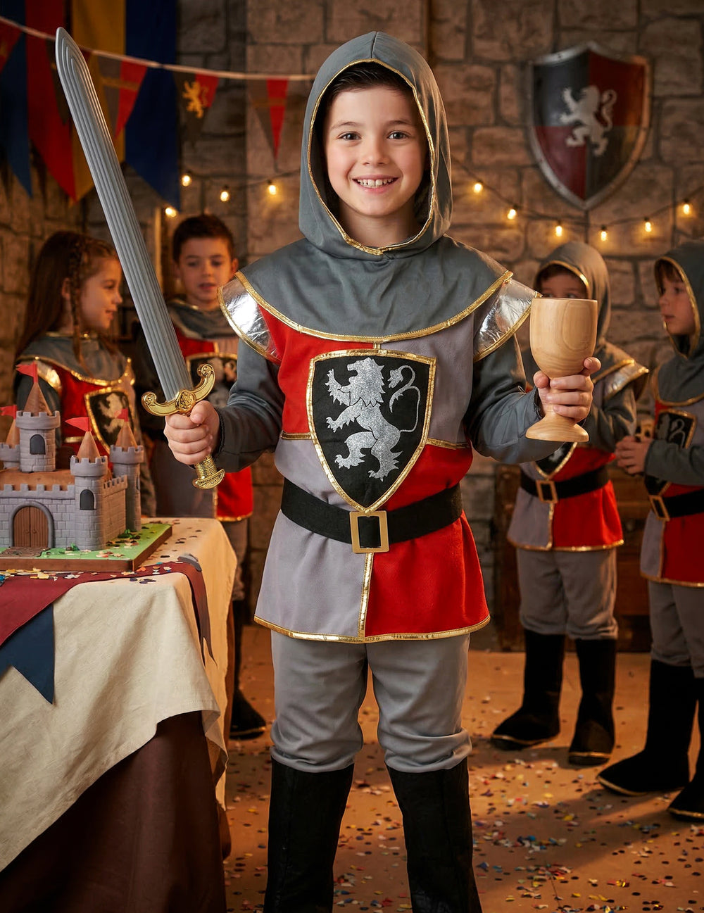Mise en situation avec épée et calice du déguisement de chevalier renaissance pour garçon
