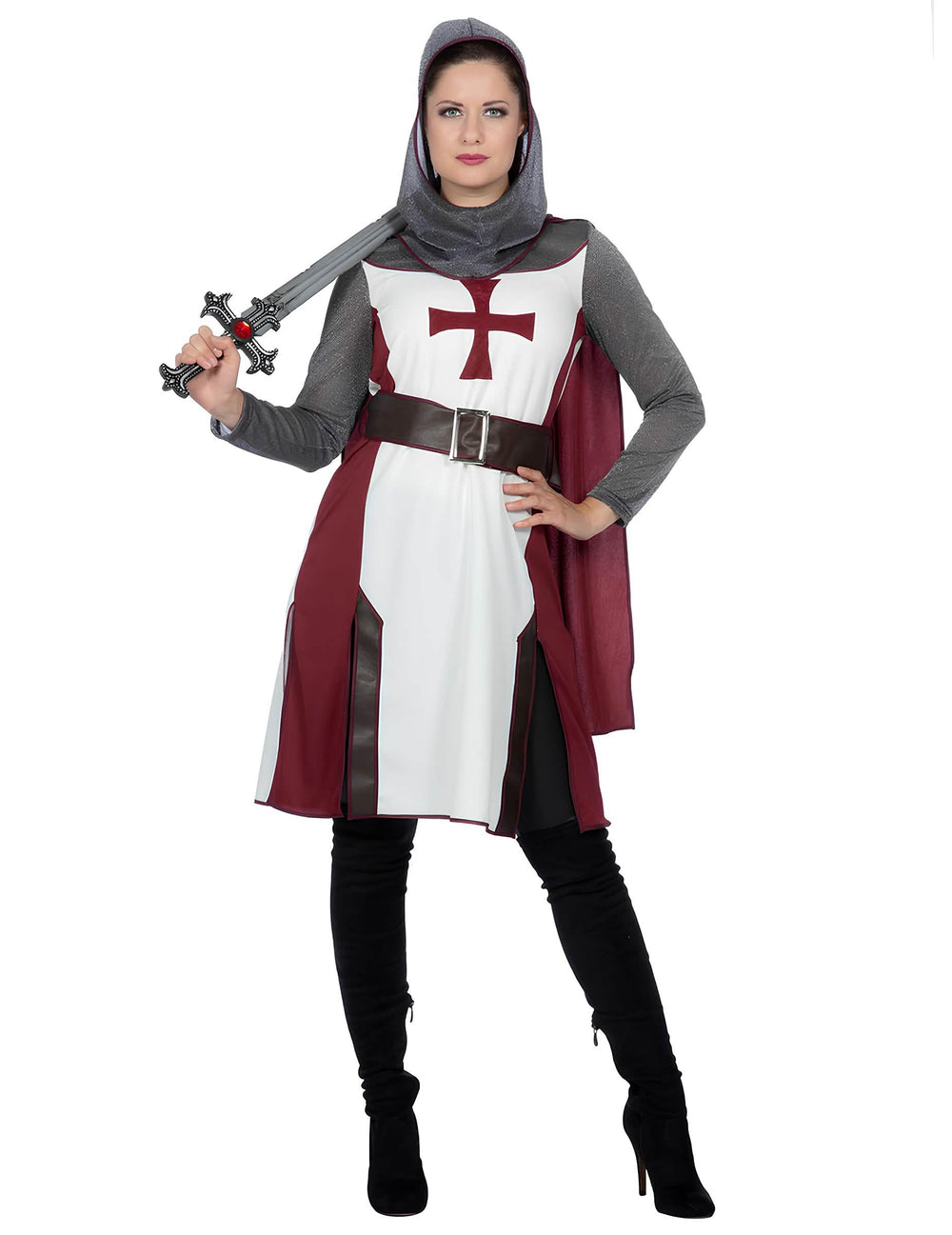 Vue de face avec épée du déguisement de chevalier templier luxe pour femme