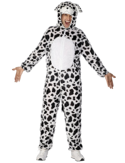 Déguisement de chien dalmatien pour adulte blanc à taches noires avec capuche à oreilles