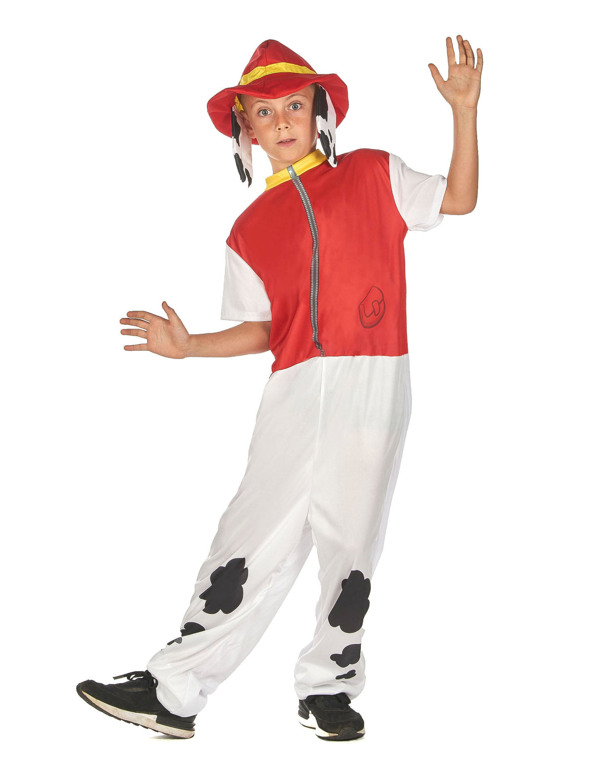 Déguisement chien pompier pour enfant rouge et blanc avec chapeau à oreilles