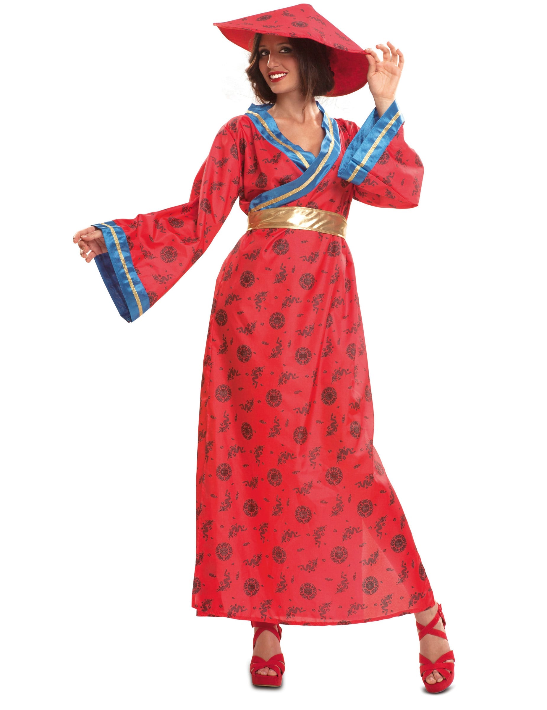 Déguisement de chinoise pour femme rouge avec motifs noirs et ceinture dorée