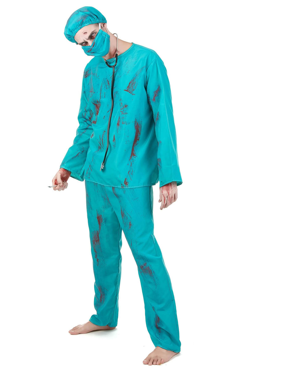 Pogled s treh četrtin kostuma zombija kirurga