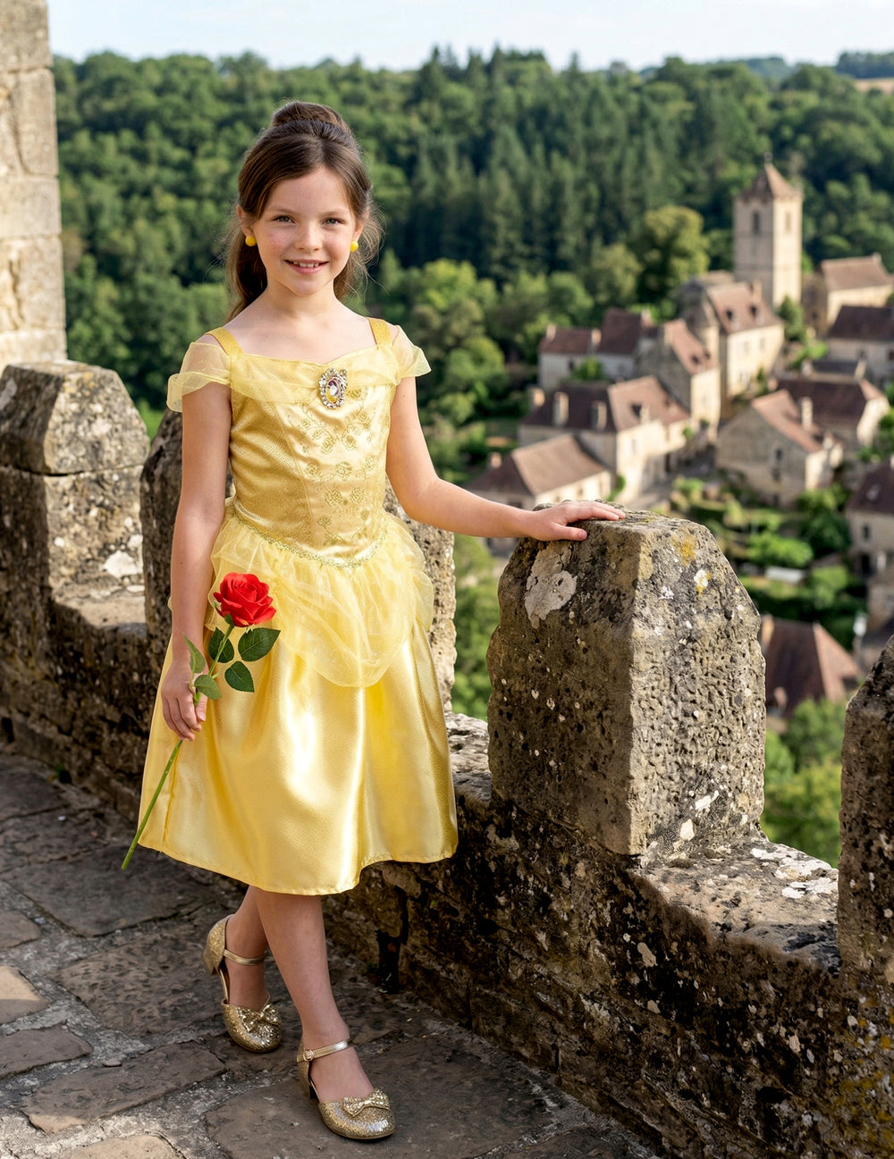 Vue d'ensemble avec rose devant un château du déguisement classique Belle pour fille