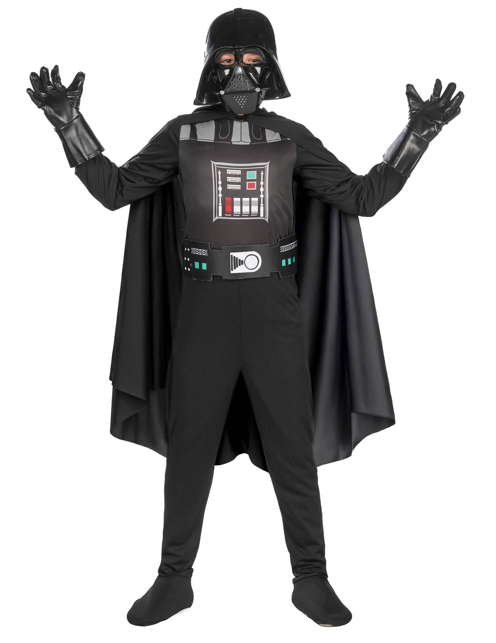 Spredaj z dvignjenima rokama klasične preobleke Darth Vader za dečka