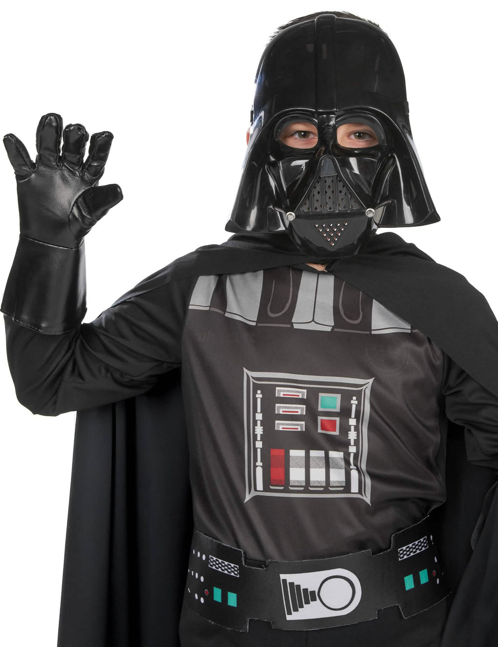 Velik plan na masko in rokavico klasičnega kostuma Darth Vader za dečka