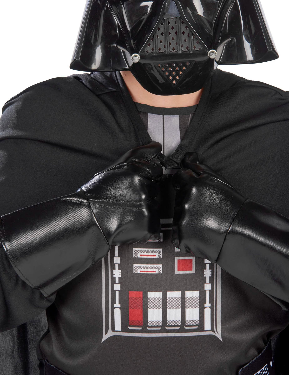 Veliki plan prsnega dela in rokavic klasičnega kostuma Darth Vader za dečka