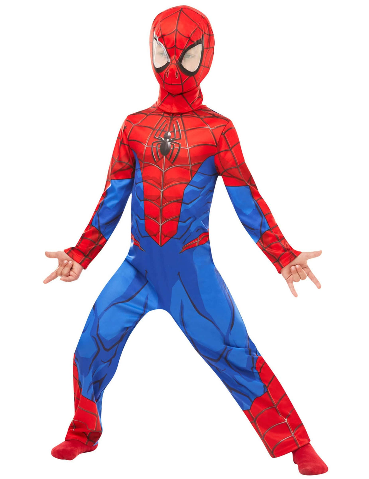 Pogled od spredaj na kombinezon in kapuco klasičnega kostuma Spiderman za otrok