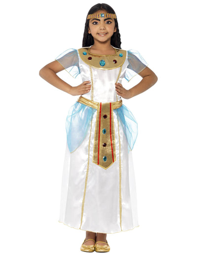Déguisement Cléopâtre luxe pour fille blanc et doré avec voile bleu