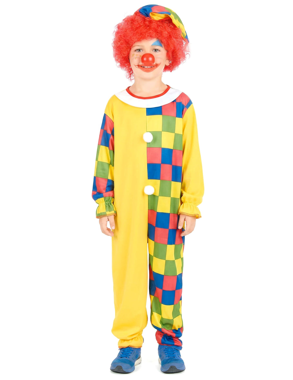 Vue de face du déguisement clown à carreaux pour garçon