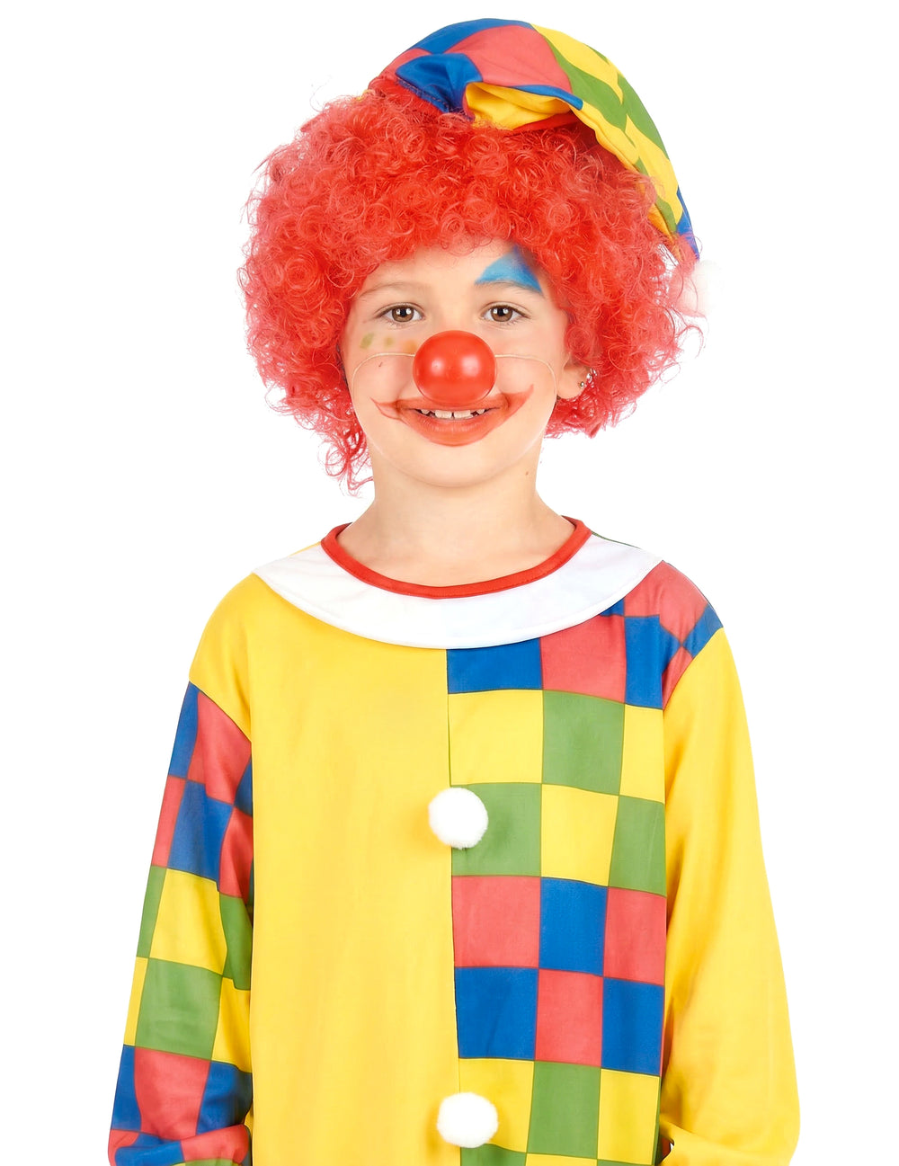 Gros plan sur les accessoires du déguisement clown à carreaux pour garçon