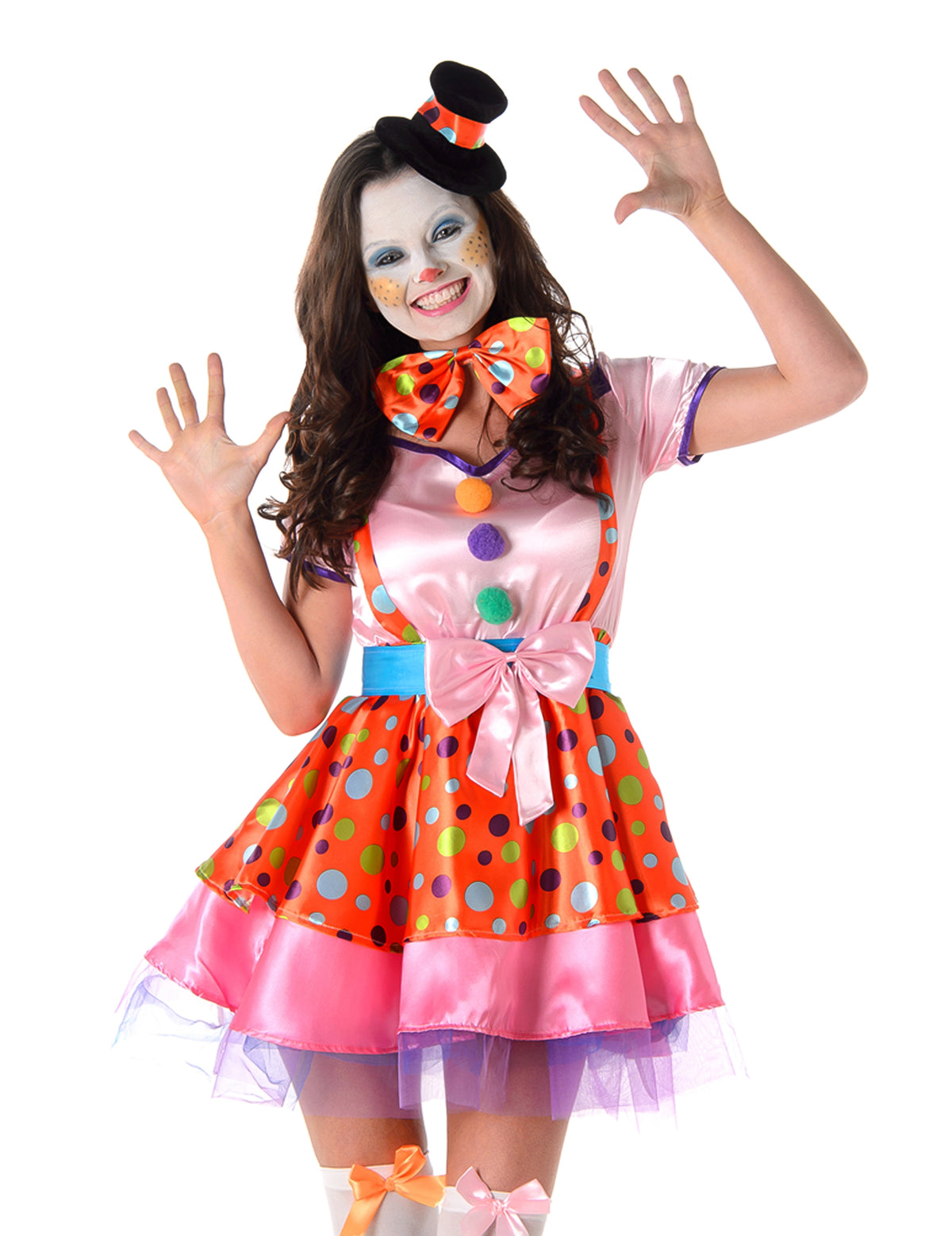 Vue de face du déguisement de clown à pois coloré pour femme