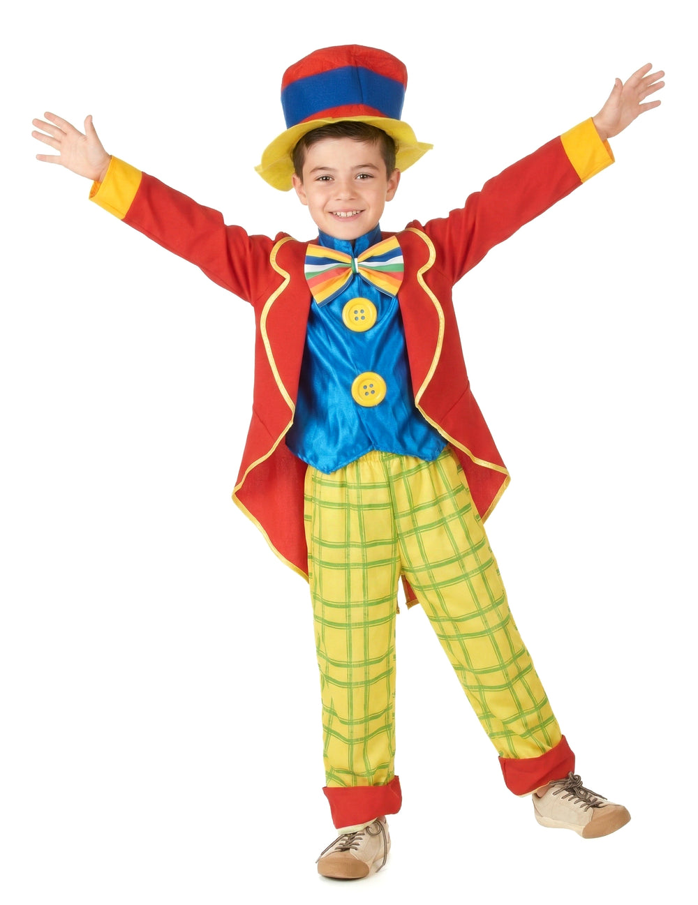 Déguisement clown amusant pour garçon multicolore avec veste rouge et chapeau haut de forme