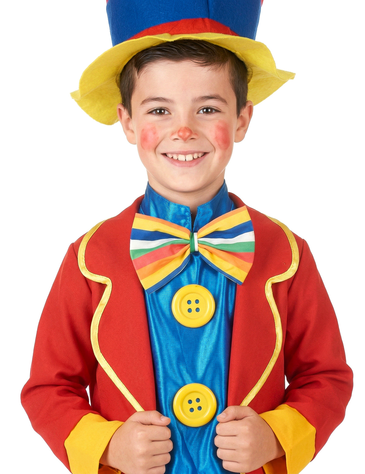 Gros plan sur le nœud papillon et les boutons du déguisement clown amusant pour garçon