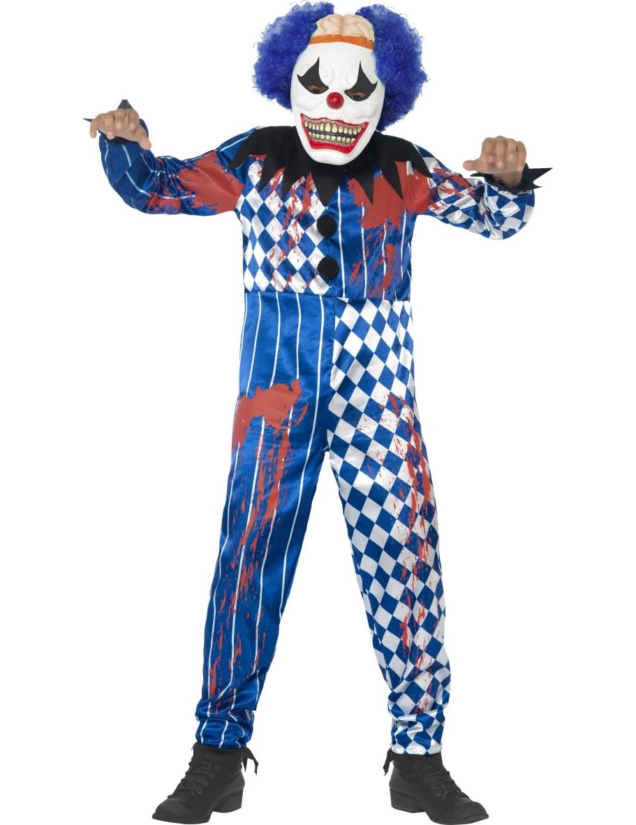 Déguisement de clown arlequin pour enfant bleu et blanc ensanglanté avec masque
