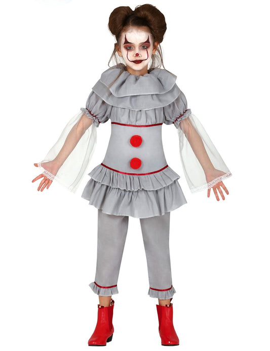 Déguisement de clown assassin pour fille gris avec pompons rouges