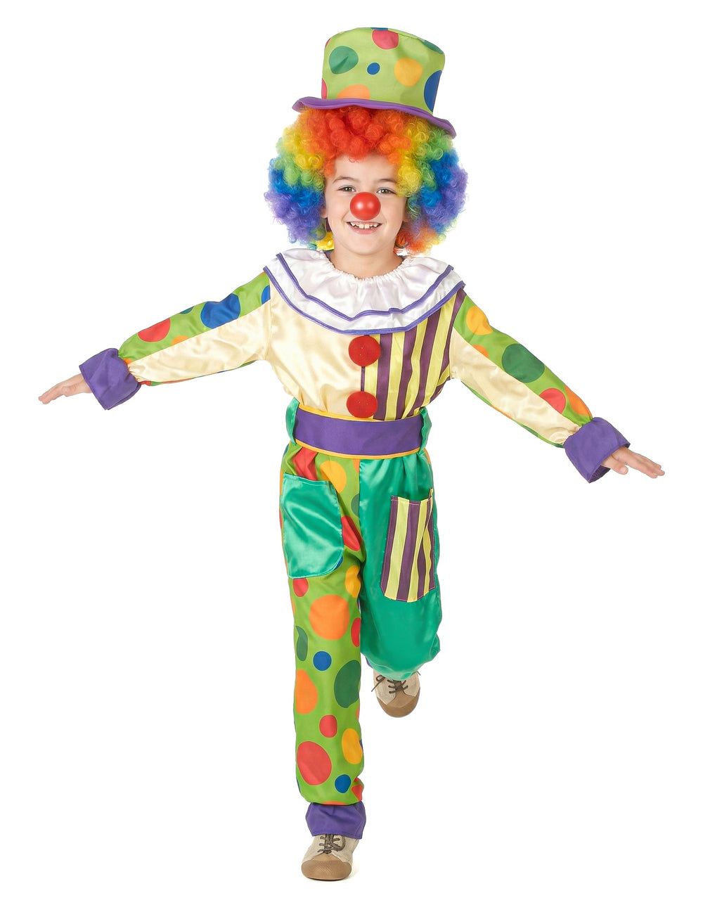 Déguisement de clown bariolé pour garçon multicolore avec chapeau et perruque arc-en-ciel