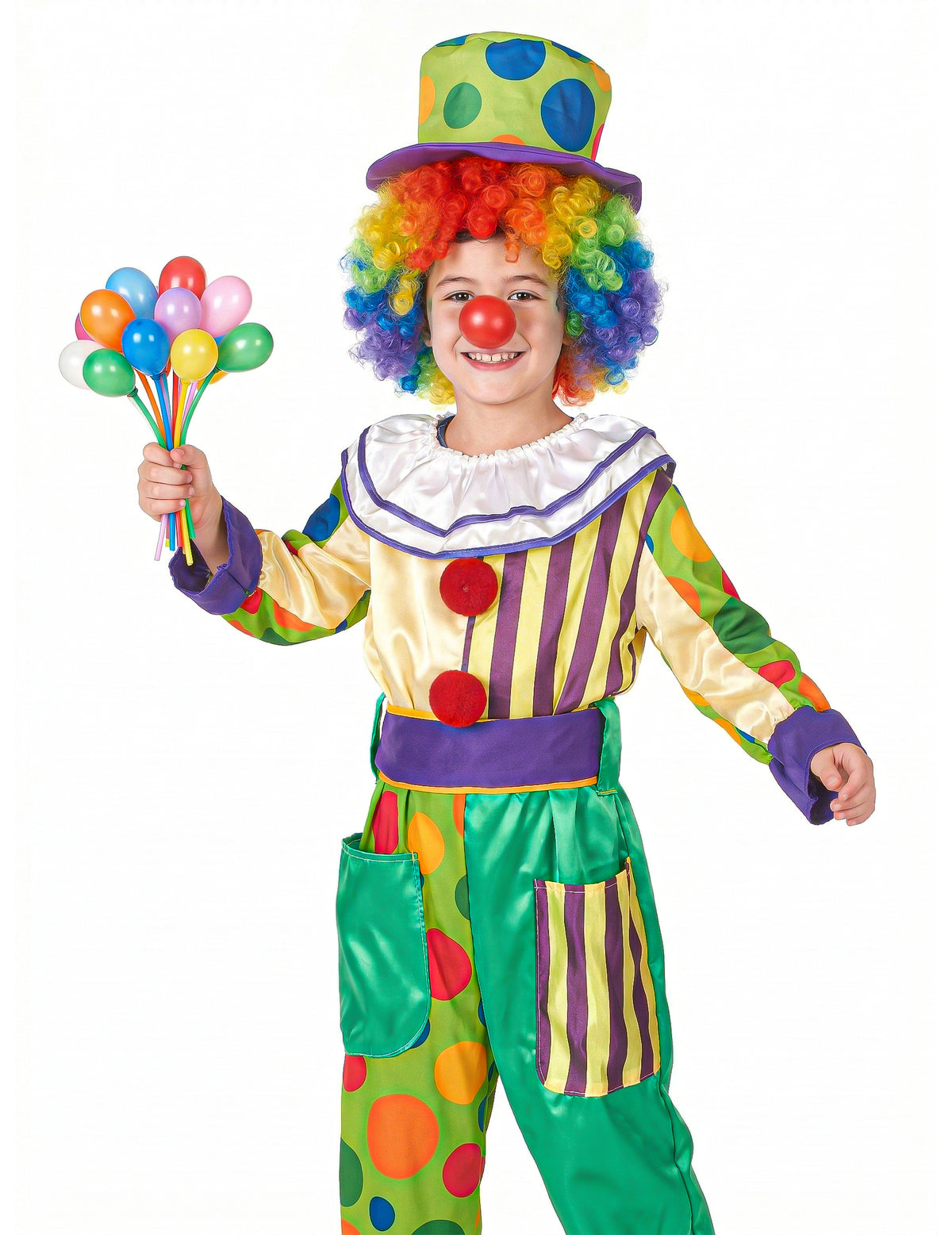 Vue de face avec bouquet de ballons du déguisement de clown bariolé pour garçon