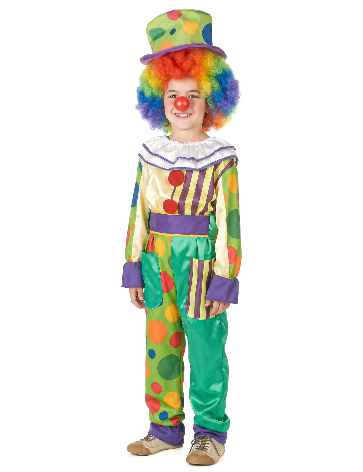 Vue de face du déguisement de clown bariolé pour garçon