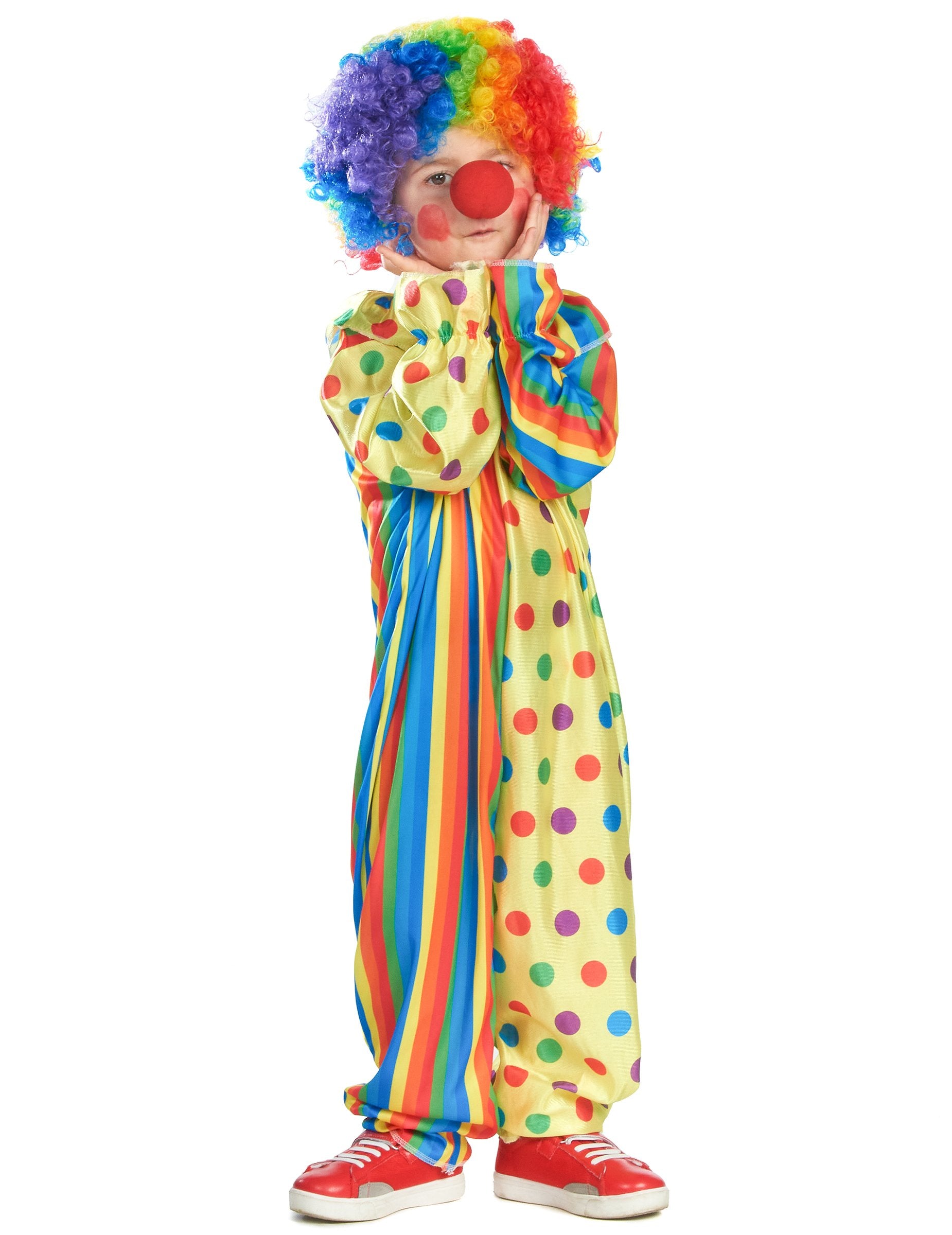 Podrobnosti o pisanih lasuljah in rdečem nosu barvitega klovnovskega oblačila za otroke