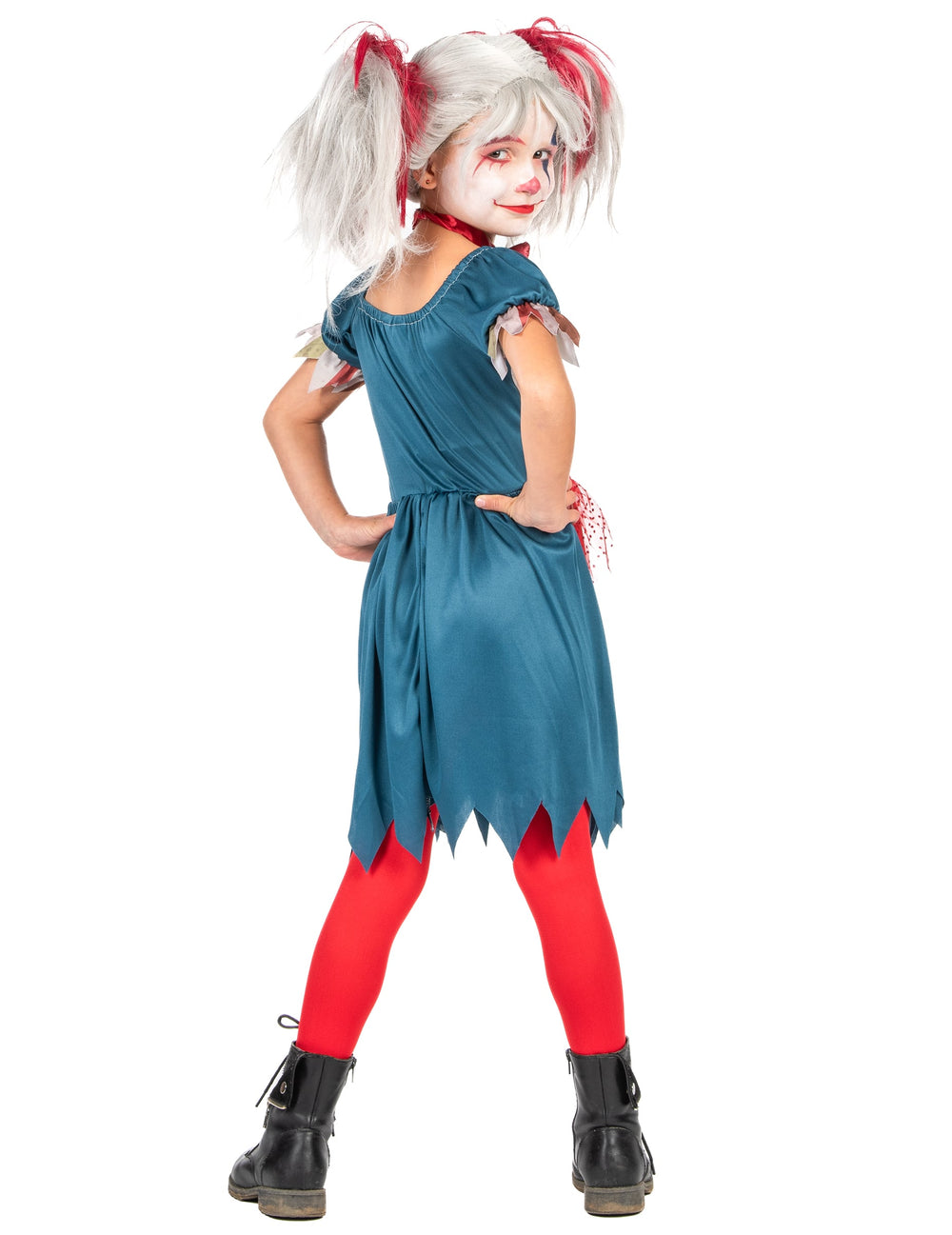 Vue de dos de trois-quarts du déguisement clown tueur coloré Halloween pour fille