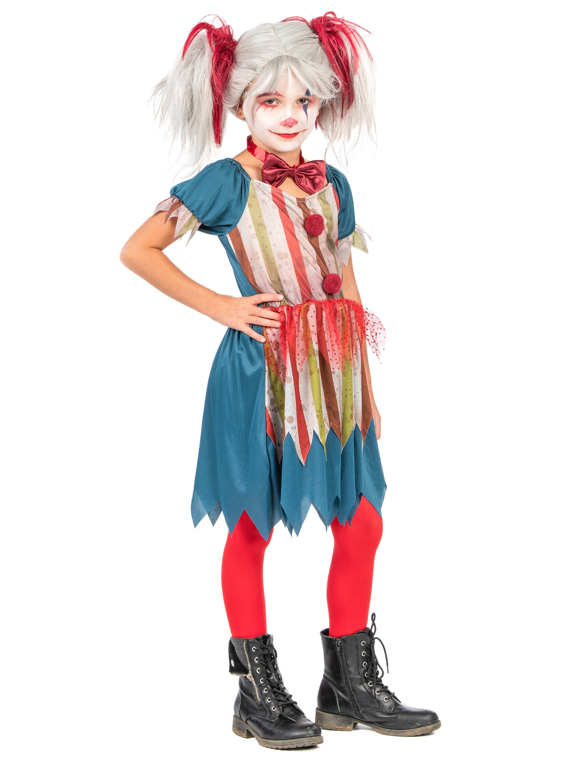 Déguisement clown tueur coloré Halloween pour fille bleu et rouge à rayures