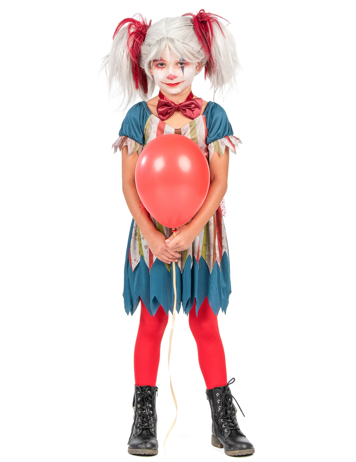 Vue de face du déguisement clown tueur coloré Halloween pour fille