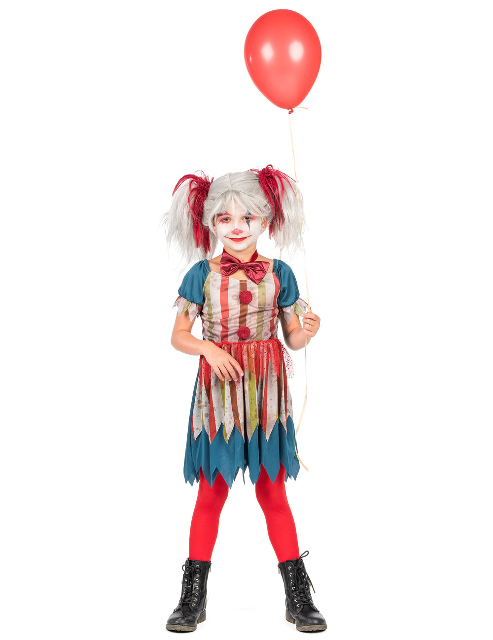 Ballon rouge tenu avec le déguisement clown tueur coloré Halloween pour fille