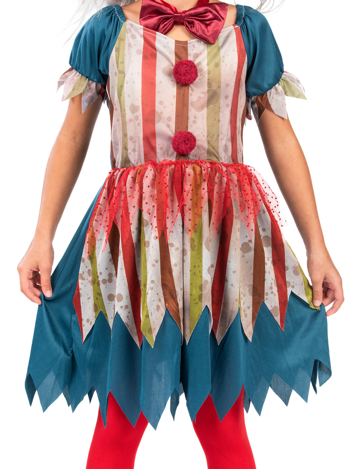 Gros plan sur le buste et le nœud papillon du déguisement de clown tueur coloré pour fille