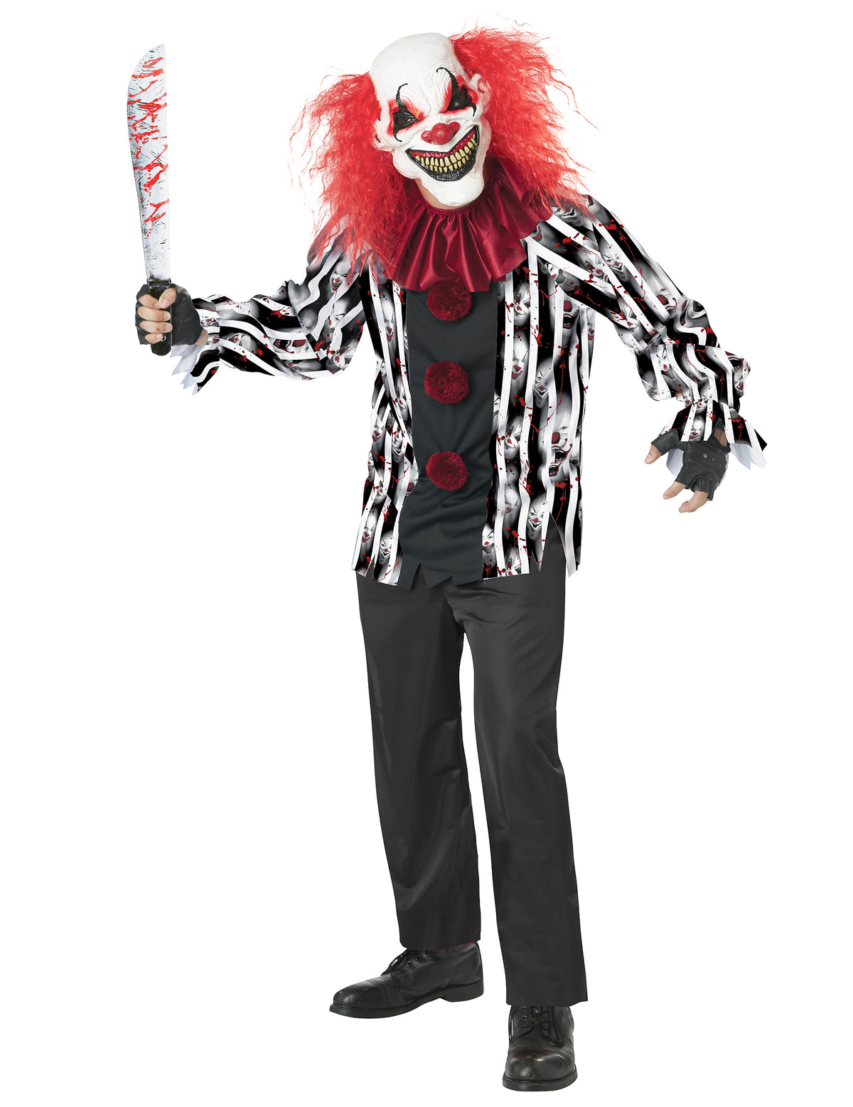 Déguisement de clown dément pour adulte noir et blanc à rayures avec masque et cheveux rouges