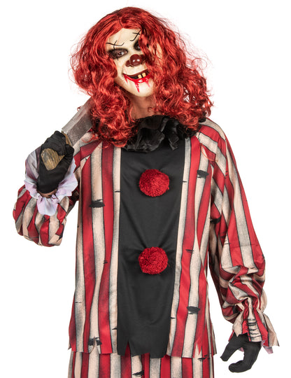 Gros plan sur le masque et la perruque du déguisement de clown démoniaque luxe pour adulte