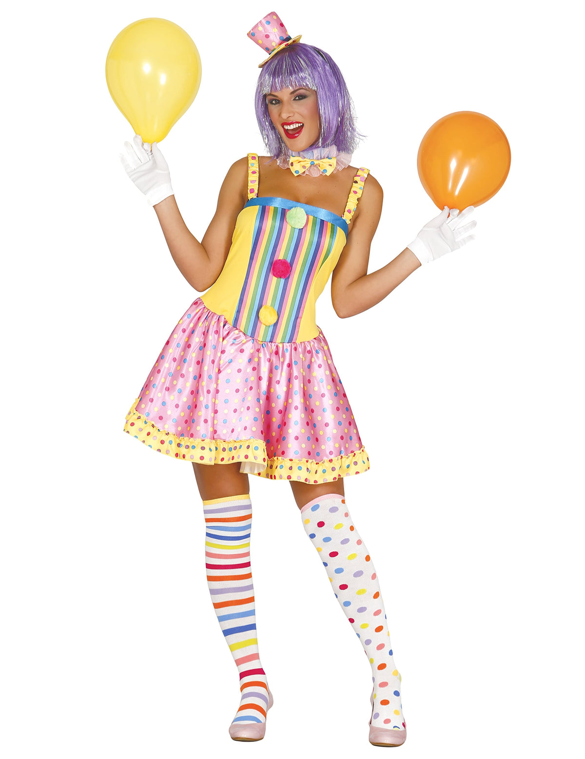 Déguisement clown pastel pour femme jaune et rose à pois et rayures